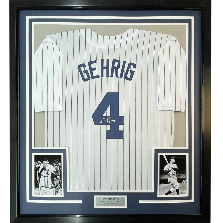 Framed Facsimile Autographed Lou Gehrig 35x39 New York Pinstripe Reprint Laser Auto Baseball Jersey