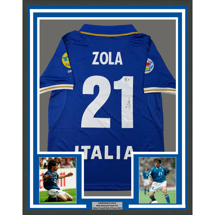 Framed Autographed/Signed Gianfranco Zola 35x39 Italy Blue Soccer Futbol Jersey Beckett BAS COA