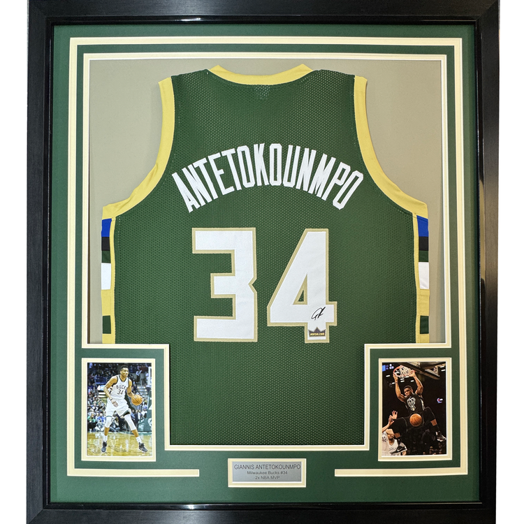 Framed Facsimile Autographed Giannis Antetokounmpo 35x39 Milwaukee Green Reprint Laser Auto Basketball Jersey