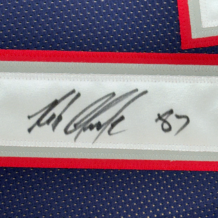 Framed Autographed/Signed Rob Gronkowski 35x39 New England Blue Football Jersey Beckett BAS COA