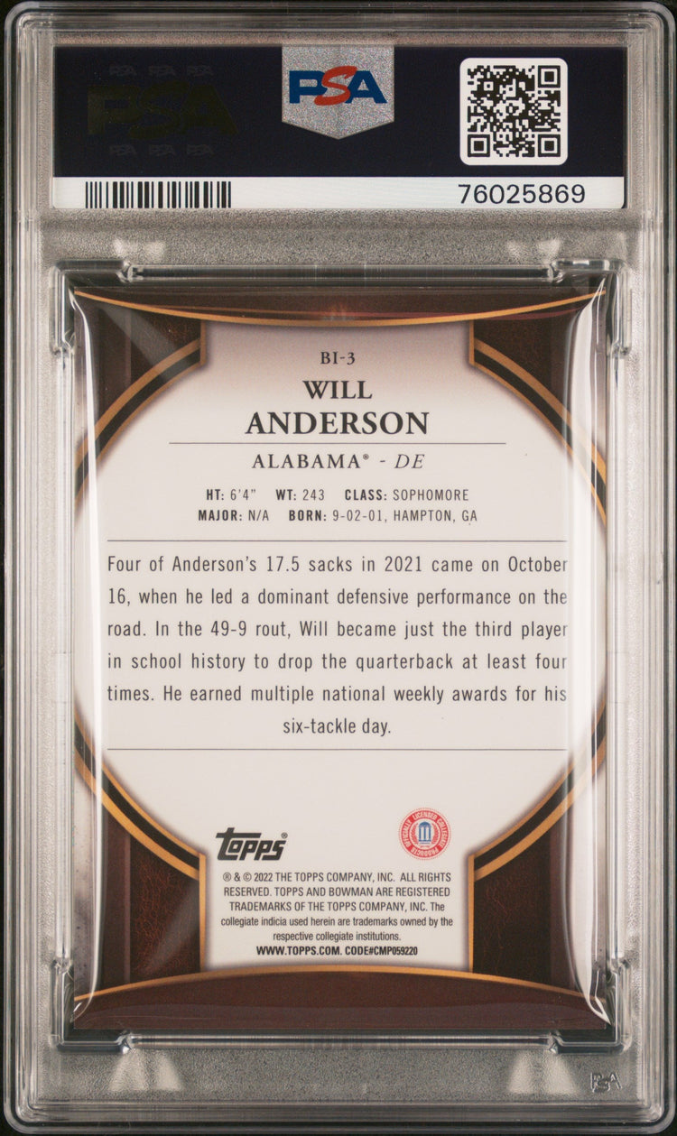 Graded 2022 Topps Bowman University Will Anderson #BI3 Bowman Invicta Rookie RC Football Card PSA 10 Gem Mint