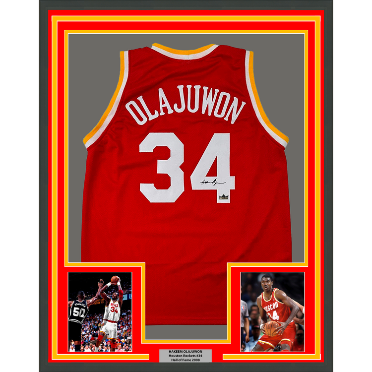 Framed Facsimile Autographed Hakeem Olajuwon 35x39 Houston Red Reprint Laser Auto Basketball Jersey