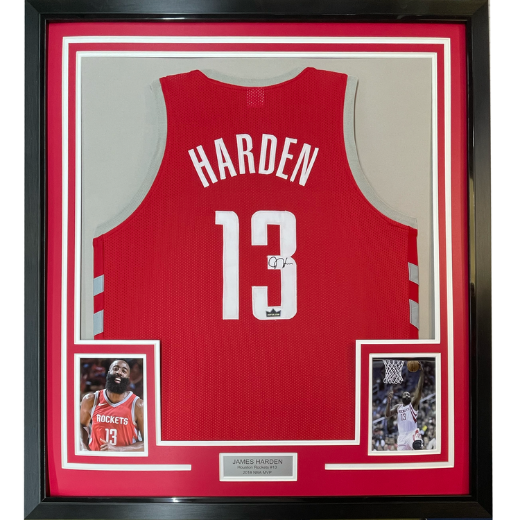Framed Facsimile Autographed James Harden 35x39 Houston Red Reprint Laser Auto Basketball Jersey