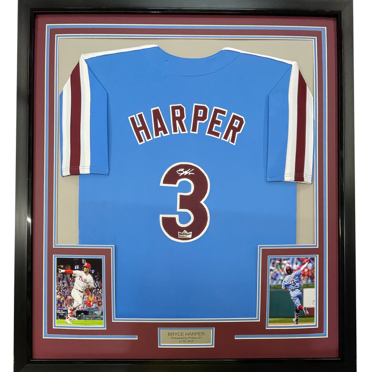 Framed Facsimile Autographed Bryce Harper 35x39 Philadelphia Blue Retro Reprint Laser Auto Baseball Jersey