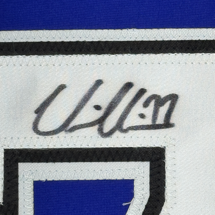 Framed Autographed/Signed Victor Hedman 35x39 Tampa Bay Blue Hockey Jersey JSA COA