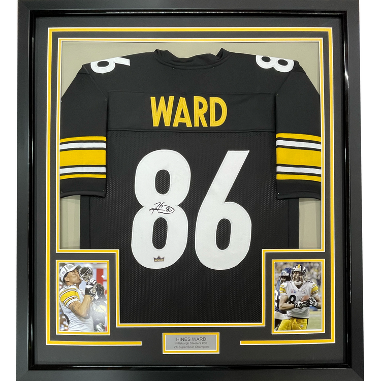 Framed Facsimile Autographed Hines Ward 35x39 Pittsburgh Black Reprint Laser Auto Football Jersey