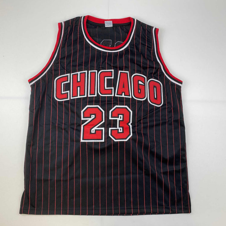 Facsimile Autographed Michael Jordan Chicago Black Pinstripe Reprint Laser Auto Basketball Jersey Size Men's XL