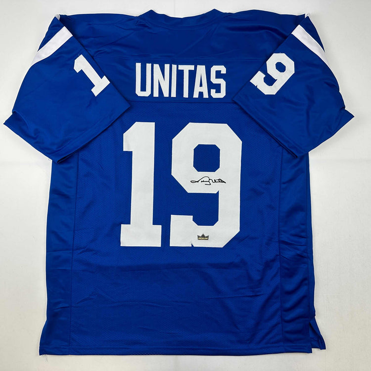 Facsimile Autographed Johnny Unitas Indianapolis Baltimore Blue Reprint Laser Auto Football Jersey Size Men's XL