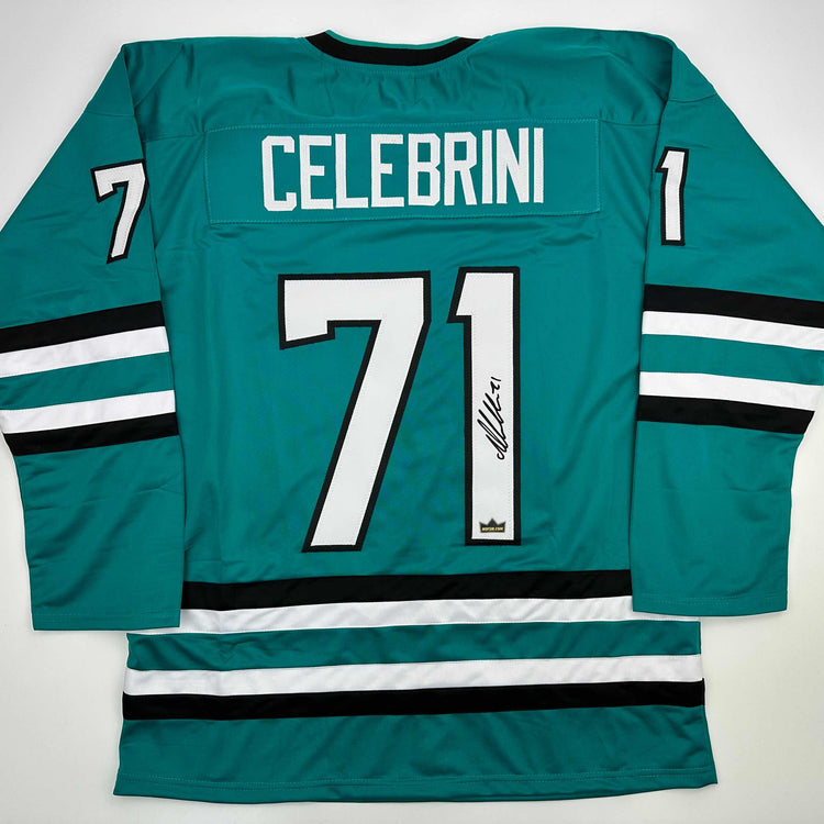 Facsimile Autographed Macklin Celebrini San Jose Teal Reprint Laser Auto Hockey Jersey Size Men's XL