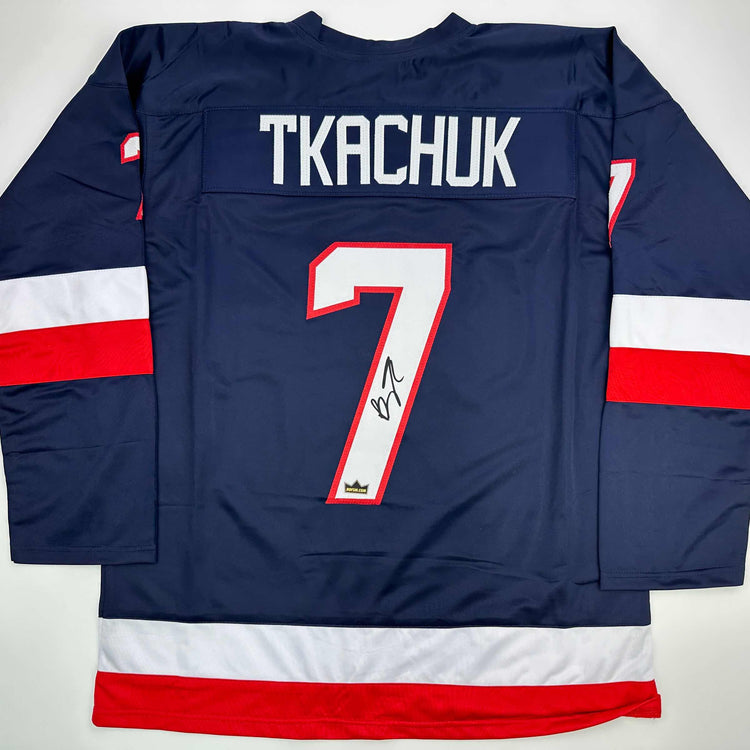 Facsimile Autographed Brady Tkachuk United States USA Blue 2025 4 Nations Face-Off Reprint Laser Auto Hockey Jersey Size Men's XL