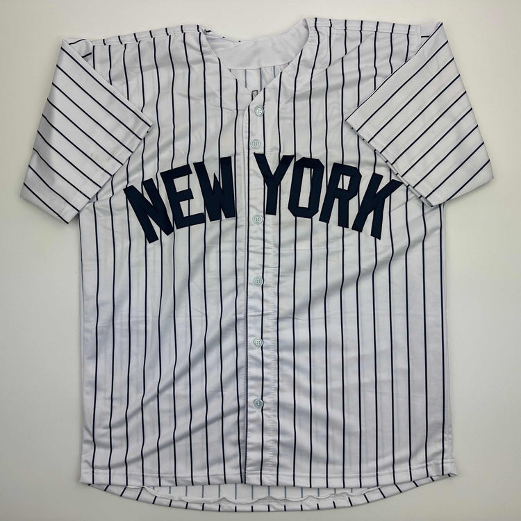 Facsimile Autographed Jasson Dominguez New York Pinstripe Reprint Laser Auto Baseball Jersey Size Men's XL