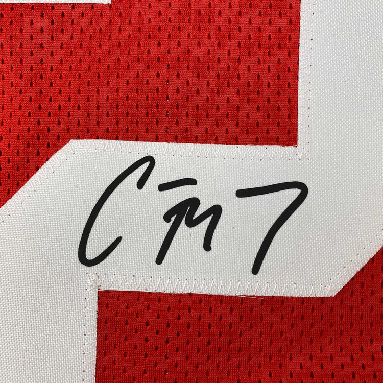 Facsimile Autographed Christian McCaffrey San Francisco Red Reprint Laser Auto Football Jersey Size Men's XL