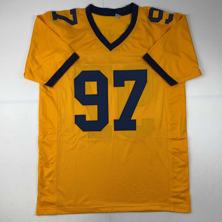 Autographed/Signed Aidan Hutchinson Michigan Yellow College Football Jersey Beckett BAS COA