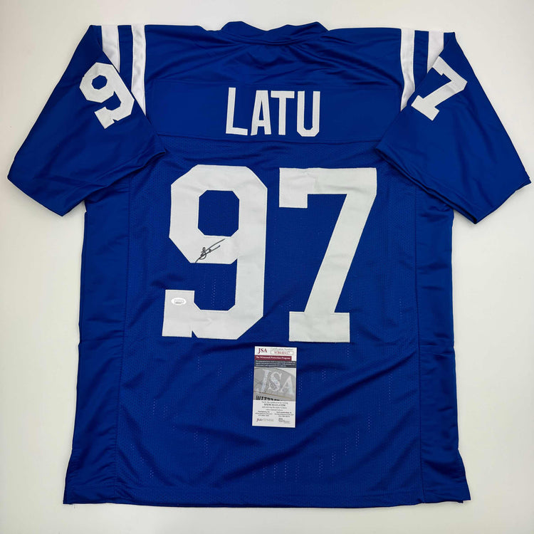Autographed/Signed Laiatu Latu Indianapolis Blue Football Jersey JSA COA