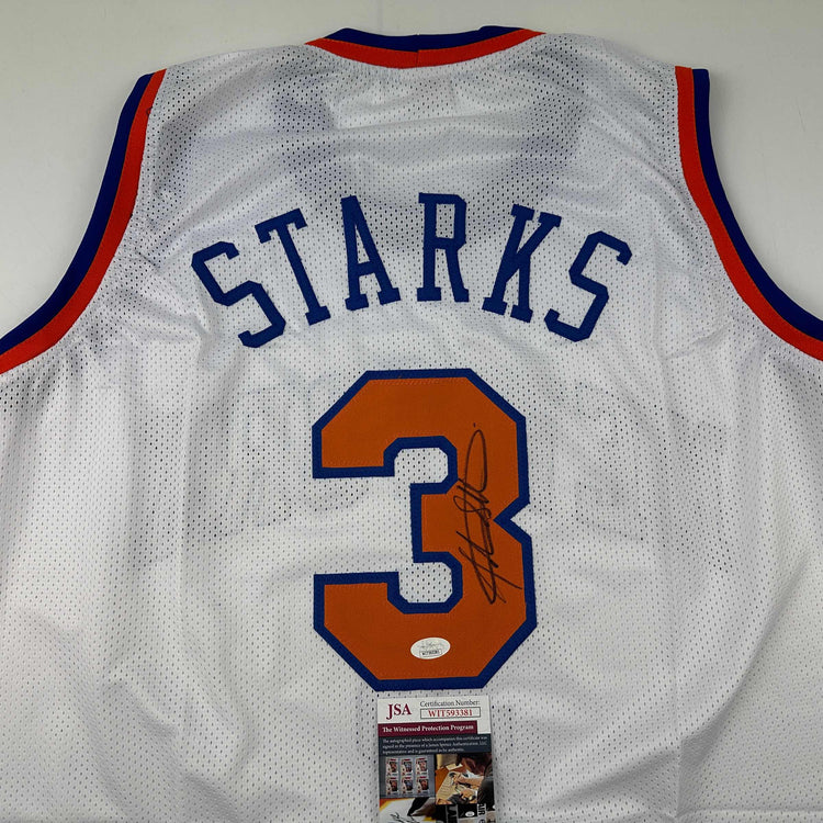 Autographed/Signed John Starks New York White Basketball Jersey JSA COA