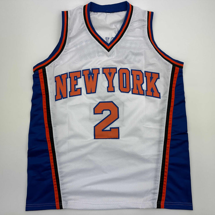 Autographed/Signed Larry Johnson New York White Basketball Jersey Beckett BAS COA