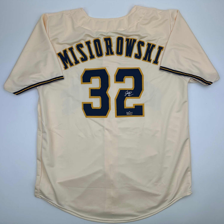 Facsimile Autographed Jacob Misiorowski Milwaukee Cream Reprint Laser Auto Baseball Jersey Size Men's XL