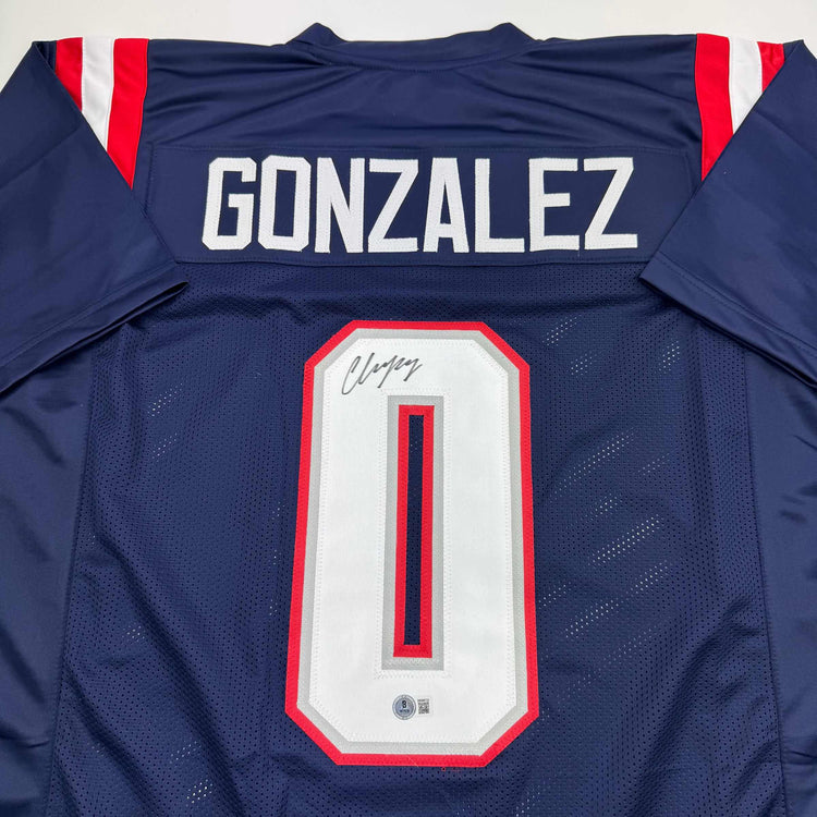 Autographed/Signed Christian Gonzalez New England Blue Football Jersey Beckett BAS COA