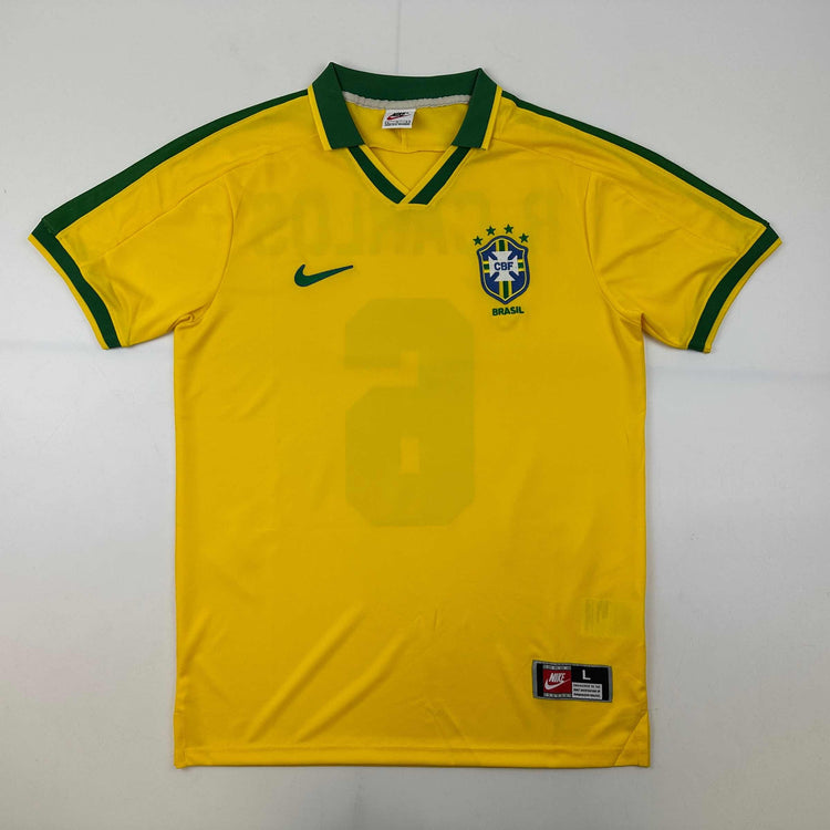 Autographed/Signed Roberto Carlos Brazil Yellow Retro Soccer Jersey Beckett BAS COA