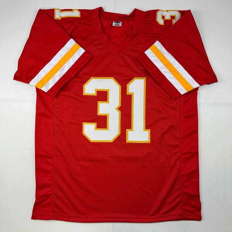 Facsimile Autographed Priest Holmes Kansas City Red Reprint Laser Auto Football Jersey Size Men's XL