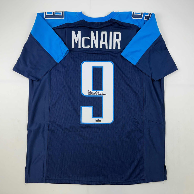 Facsimile Autographed Steve McNair Tennessee Navy Blue Reprint Laser Auto Football Jersey Size Men's XL