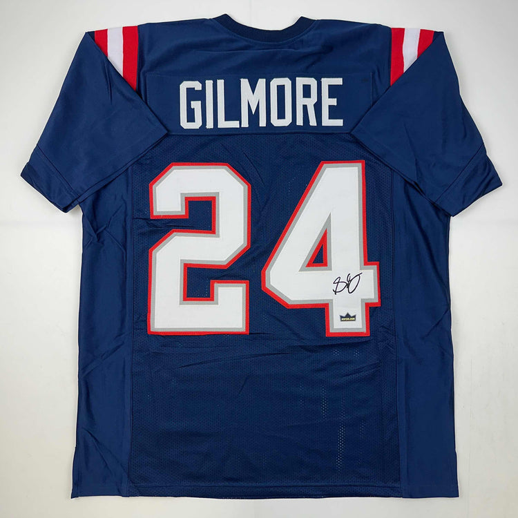 Facsimile Autographed Stephon Gilmore New England Blue Reprint Laser Auto Football Jersey Size Men's XL