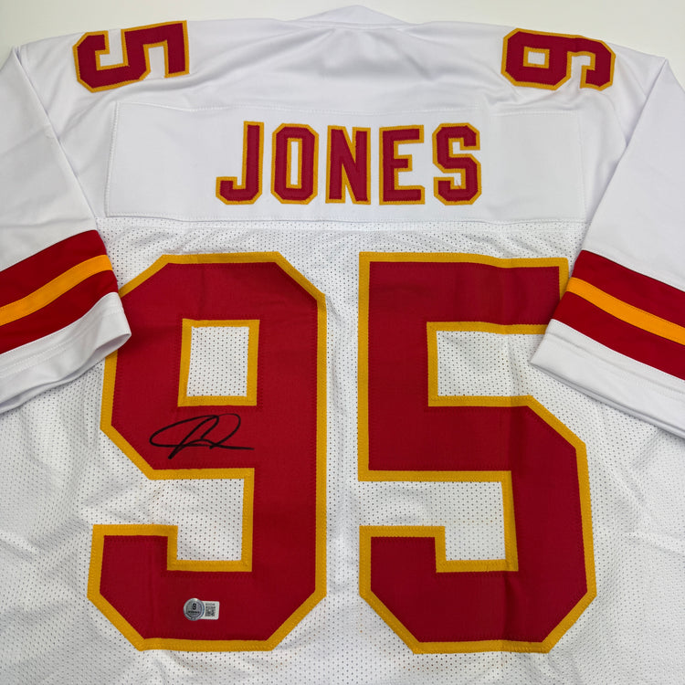 Autographed/Signed Chris Jones Kansas City White Football Jersey JSA COA