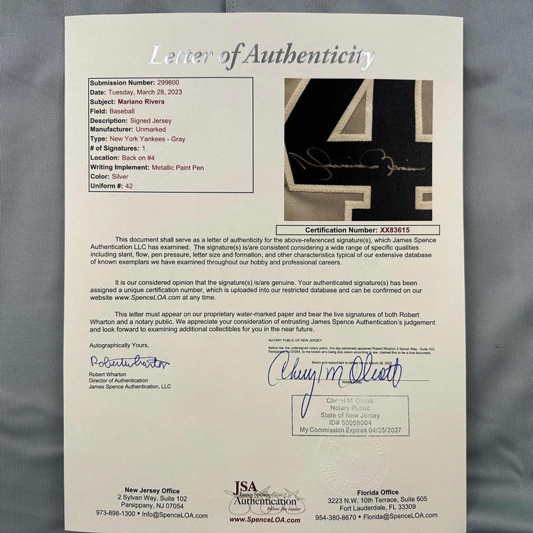 Autographed/Signed Mariano Rivera New York Grey Baseball Jersey JSA COA/LOA