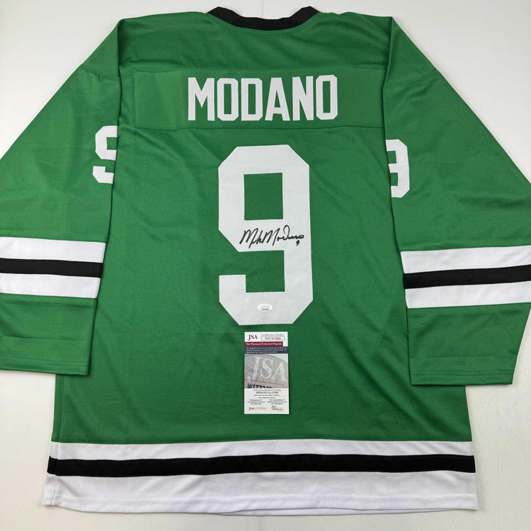 Autographed/Signed Mike Modano Dallas Green Retro Hockey Jersey Beckett BAS COA