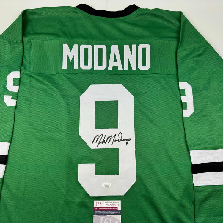 Autographed/Signed Mike Modano Dallas Green Retro Hockey Jersey Beckett BAS COA