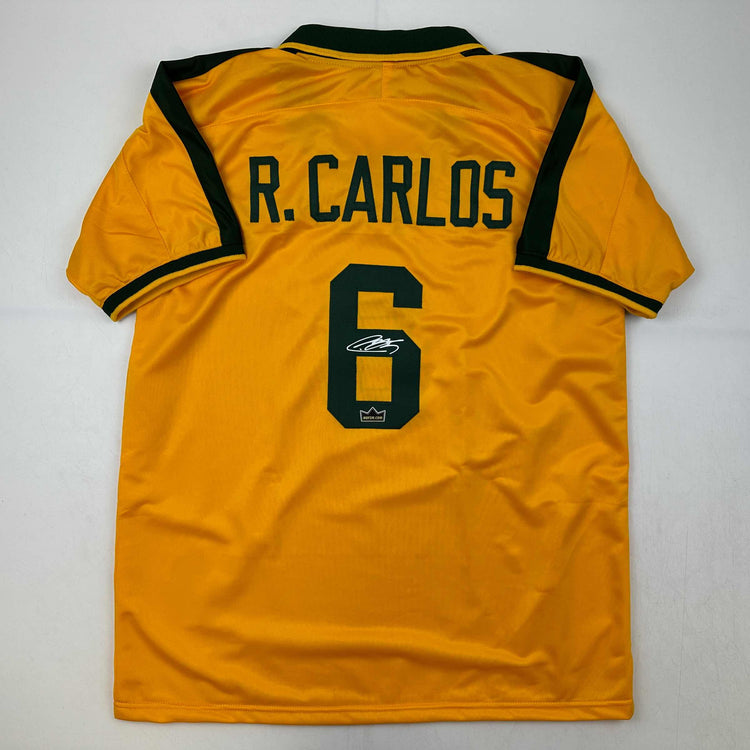 Facsimile Autographed Roberto Carlos Brazil Yellow World Cup Reprint Laser Auto Soccer Jersey Size Men's XL