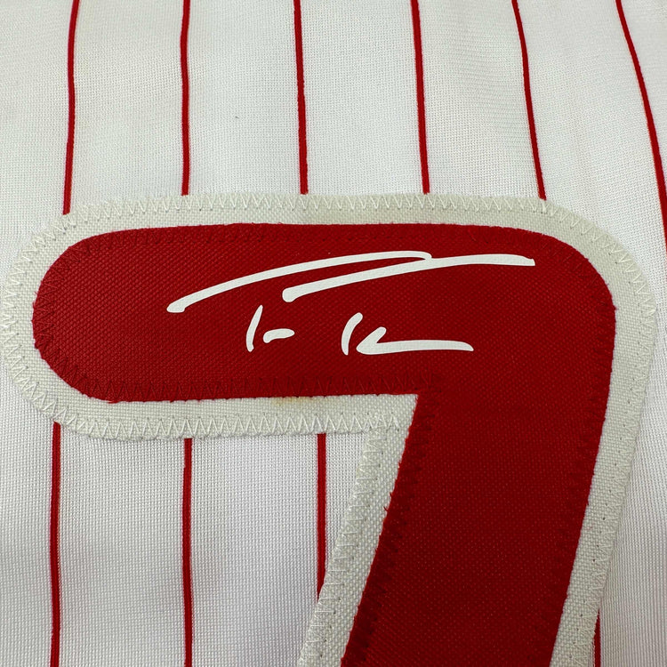Facsimile Autographed Trea Turner Philadelphia Pinstripe Reprint Laser Auto Baseball Jersey Size Men's XL