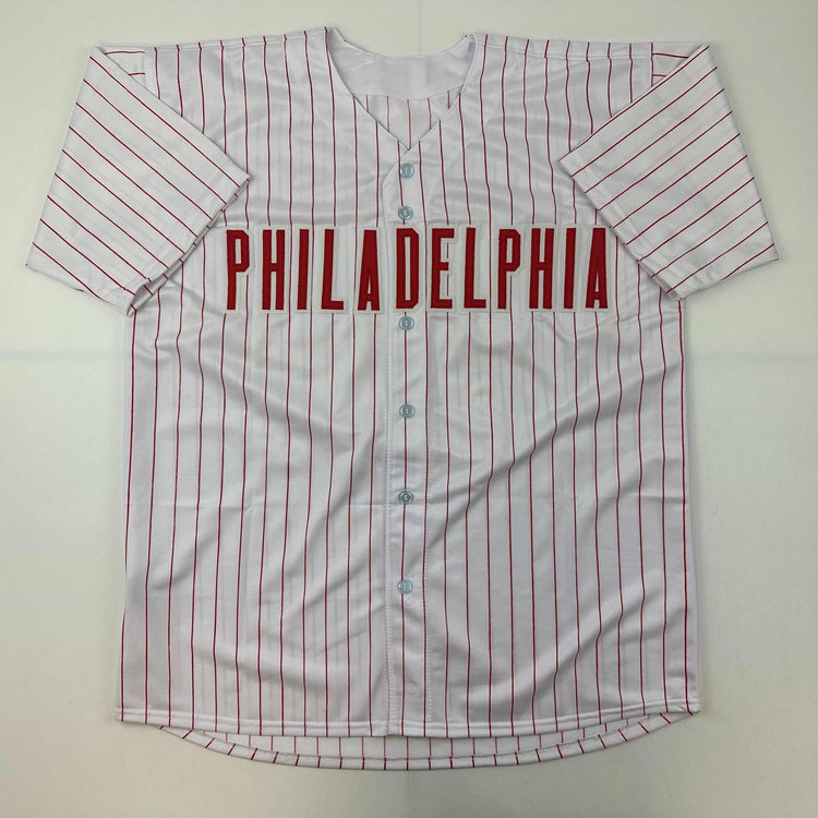 Facsimile Autographed Trea Turner Philadelphia Pinstripe Reprint Laser Auto Baseball Jersey Size Men's XL