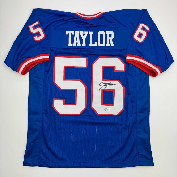 Autographed/Signed Lawrence Taylor New York Blue Football Jersey Beckett BAS COA