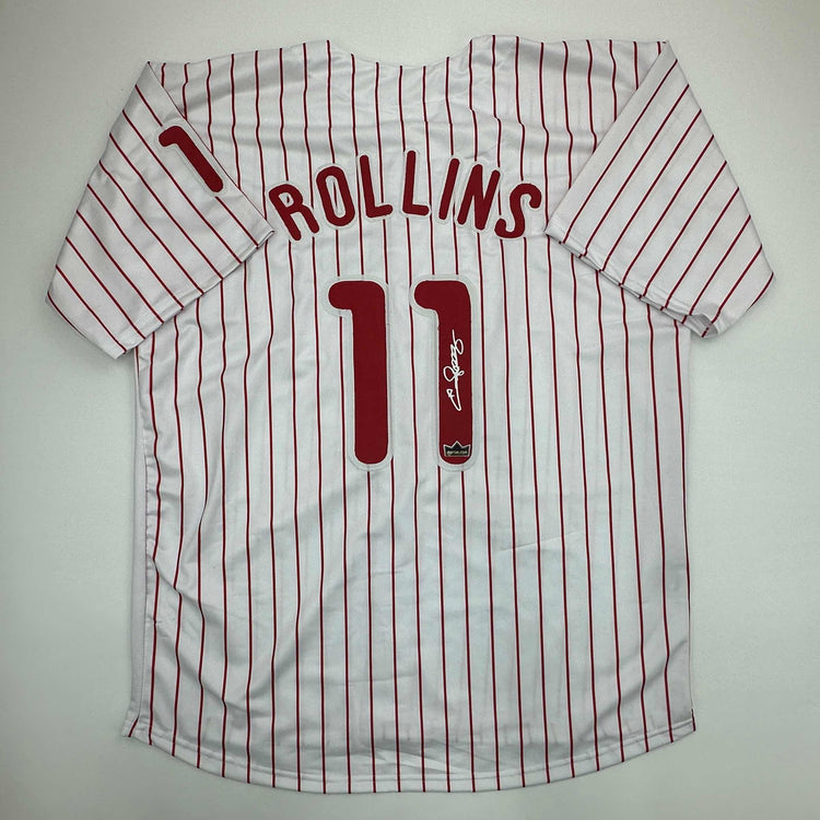 Facsimile Autographed Jimmy Rollins Philadelphia Pinstripe Reprint Laser Auto Baseball Jersey Size Men's XL
