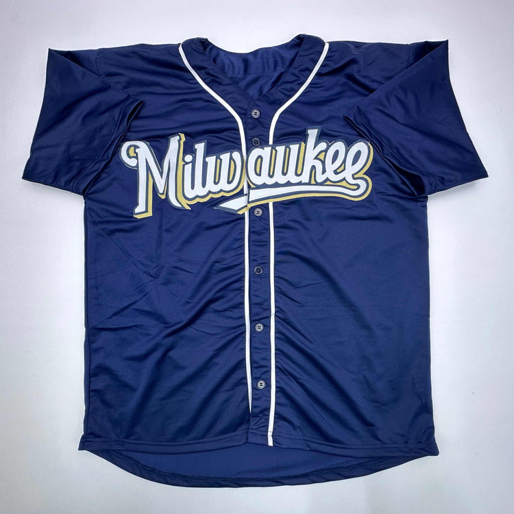 Facsimile Autographed Prince Fielder Milwaukee Blue Reprint Laser Auto Baseball Jersey Size Men's XL