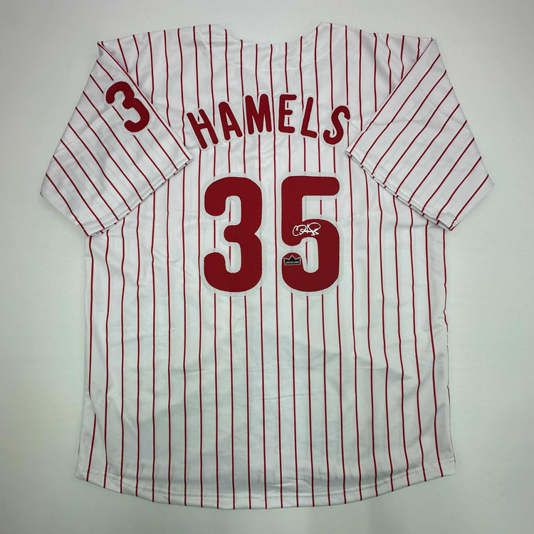 Facsimile Autographed Cole Hamels Philadelphia Pinstripe Reprint Laser Auto Baseball Jersey Size Men's XL