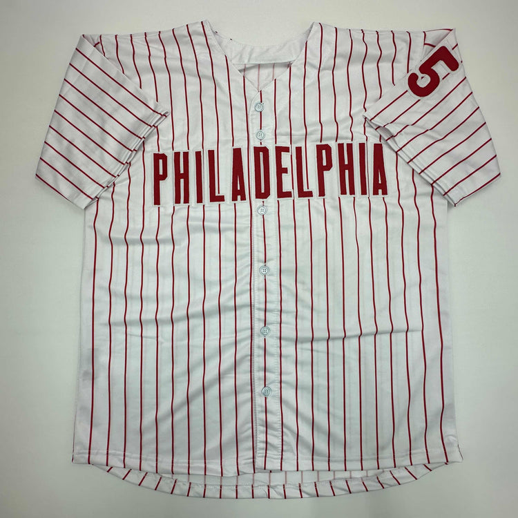 Facsimile Autographed Cole Hamels Philadelphia Pinstripe Reprint Laser Auto Baseball Jersey Size Men's XL
