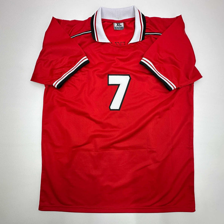 Facsimile Autographed David Beckham Manchester United Red Reprint Laser Auto Soccer Jersey Size Men's XL