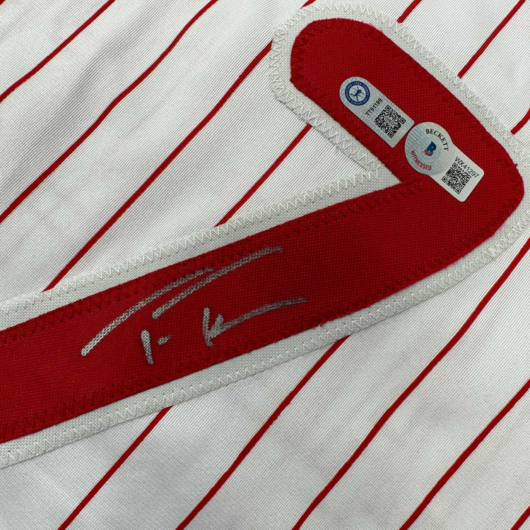 Autographed/Signed Trea Turner Philadelphia Pinstripe Baseball Jersey Beckett BAS COA