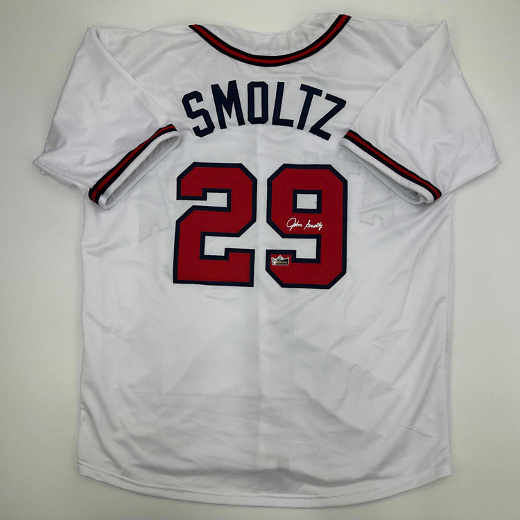 Facsimile Autographed John Smoltz Atlanta White Reprint Laser Auto Baseball Jersey Size Men's XL