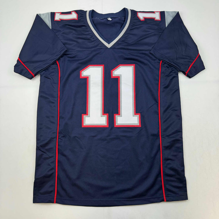 Autographed/Signed Julian Edelman New England Blue Football Jersey JSA COA