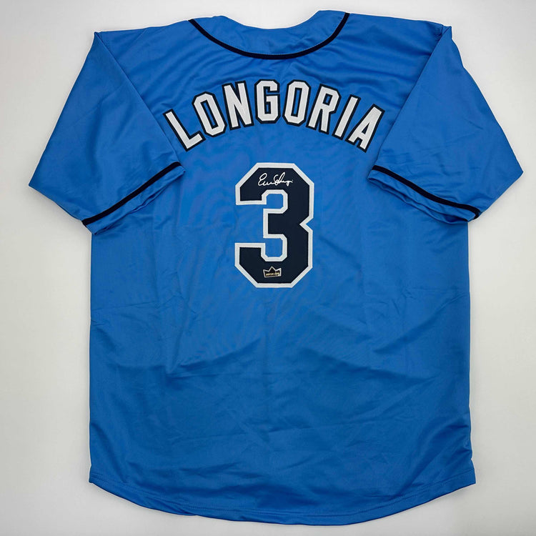 Facsimile Autographed Evan Longoria Tampa Bay Light Blue Reprint Laser Auto Baseball Jersey Size Men's XL