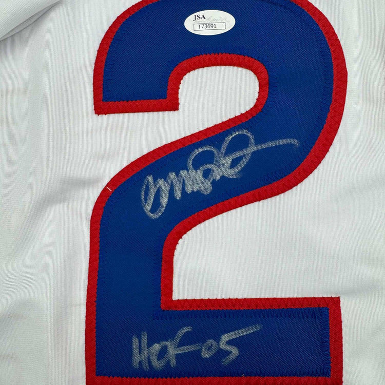 Autographed/Signed Ryne Sandberg HOF 05 Chicago White Pinstripe Stat Baseball Jersey JSA COA