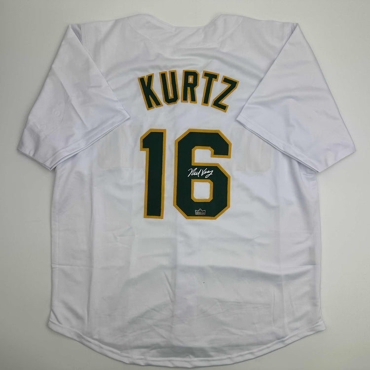 Facsimile Autographed Nick Kurtz Oakland White Reprint Laser Auto Baseball Jersey Size Men's XL