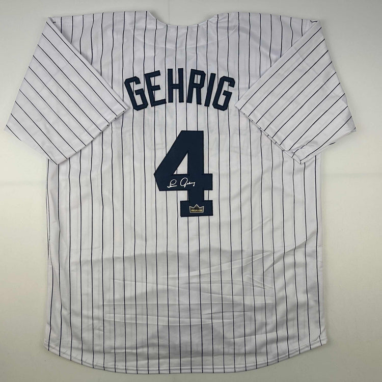 Facsimile Autographed Lou Gehrig New York Pinstripe Reprint Laser Auto Baseball Jersey Size Men's XL
