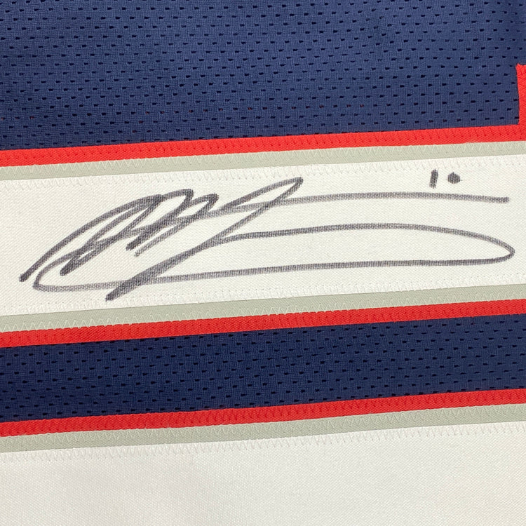 Autographed/Signed Mac Jones New England Blue Football Jersey Beckett BAS COA