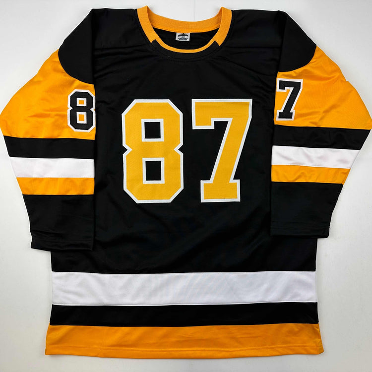 Facsimile Autographed Sidney Crosby Pittsburgh Black Reprint Laser Auto Hockey Jersey Size Men's XL