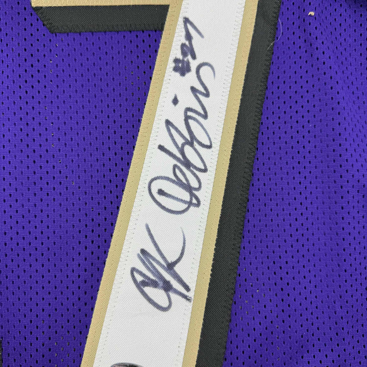Framed Autographed/Signed J.K. Dobbins 35x39 Baltimore Purple Football Jersey JSA COA