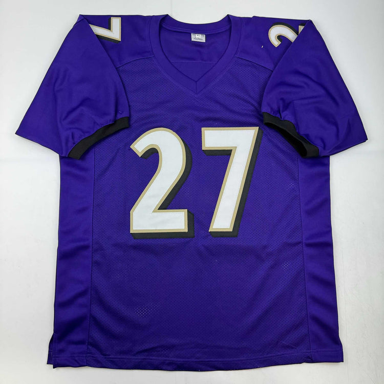 Autographed/Signed J.K. Dobbins Baltimore Purple Football Jersey JSA COA
